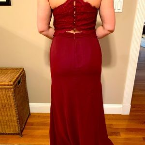 Brand new. Never worn. Azazie Cabernet lace back and lace slit. Stunning!